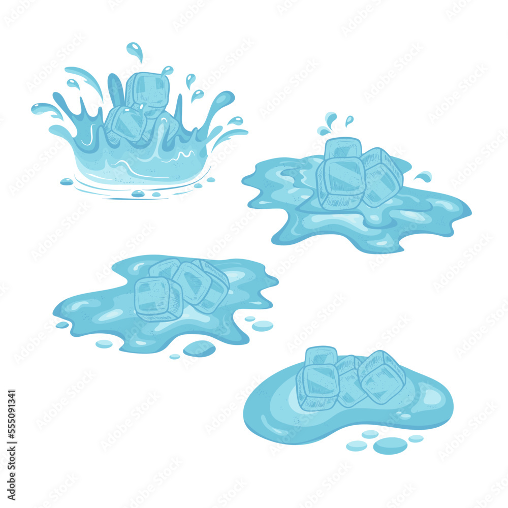 An ice cube in a puddle. Splashes, drops, melted ice. Vector set on a white background. An ice cube in a puddle. Splashes, drops, melted ice. Vector set on a white background.