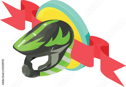 Racing helmet icon isometric vector. Helmet on background of shield with ribbon. Sport equipment, racing concept