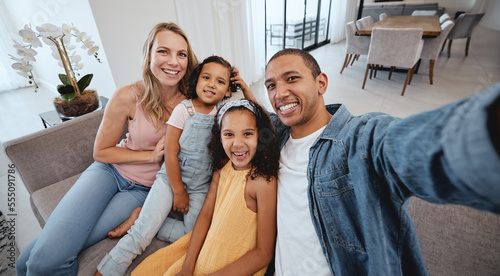 Canvas Print Family selfie, children and portrait on living room sofa for bonding, happiness or love on social media