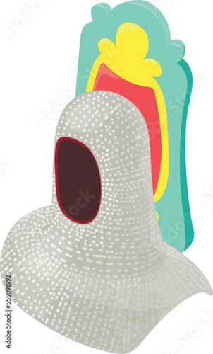 Knight chainmail icon isometric vector. Medieval chain mail on shield background. History, retro armor