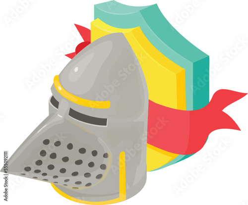 Knight helm icon isometric vector. Medieval knight helmet on shield background. History, retro armor, chivalry