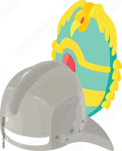Iron helmet icon isometric vector. Warrior helmet on background of shield icon. History, retro armor, chivalry
