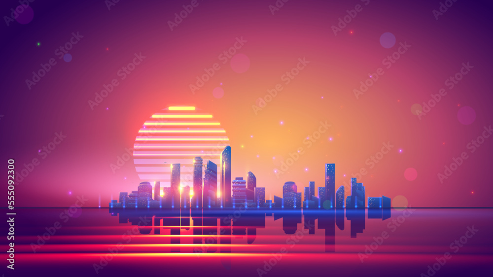 Retro tech city landscape background. Futuristic technology cityscape landscape on sunset. Digital neon color future city 80s technology background. Silhouette of city on horizon. Retro futurism.