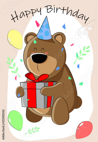 cute birthday card with a cute bear in a hat and a gift in his hands