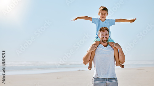Father carry boy, portrait and beach for bonding, vacation or spend quality time together. Family, man and male child travelling, happiness or loving on seaside, holiday or coastline trip with mockup