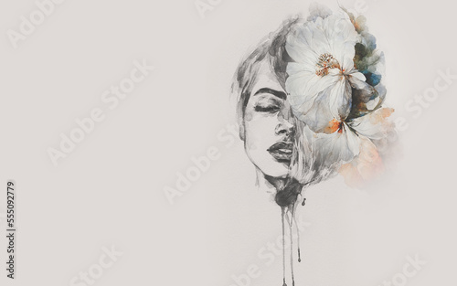 Spectacular watercolor woman face with white flower. Digital art 3D illustration.