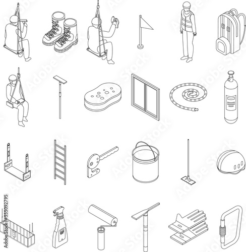 Industrial climber icons set. Isometric set of industrial climber vector icons outline on white thin line collection