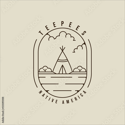 teepees line art logo vector illustration template icon graphic design. traditional indian camp sign or symbol for adventure and wanderlust with badge emblem and typography concept