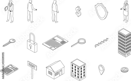 Realtor icons set. Isometric set of realtor vector icons outline on white thin line collection
