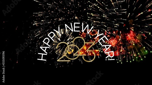 Happy new year 2023 with black background and fireworks photo