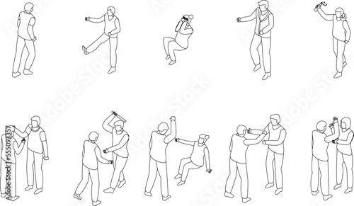 Violence icons set. Isometric set of violence vector icons outline on white thin line collection