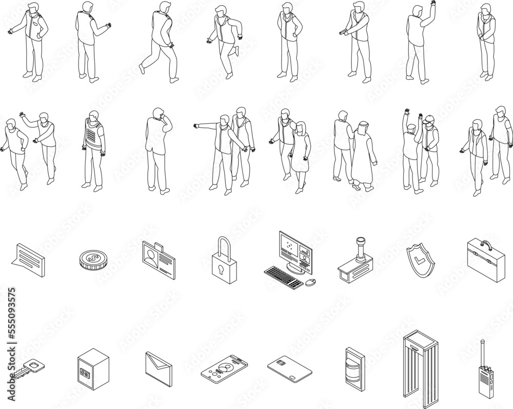Personal guard icons set. Isometric set of personal guard vector icons outline on white thin line collection Personal guard icons set. Isometric set of personal guard vector icons outline on white thin line collection