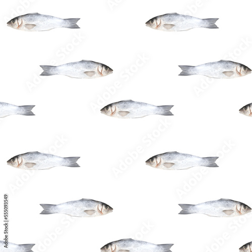 Watercolor seamless pattern with fish on white background