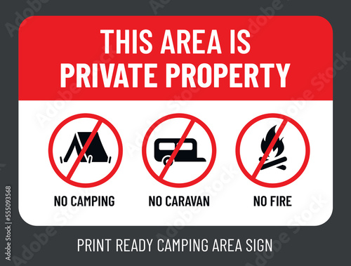 This area is private property, no camping, no caravan, no fire print ready sign vector