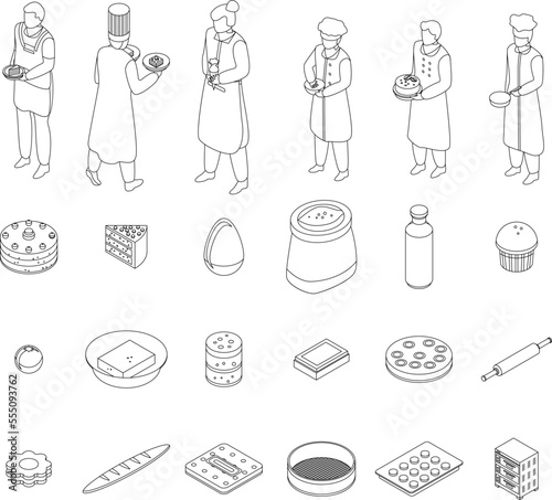 Confectioner icons set. Isometric set of confectioner vector icons outline on white thin line collection