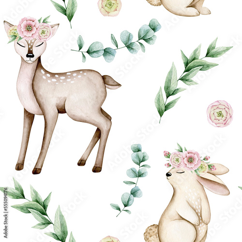 Watercolor seamless pattern with baby deer, bunny, eucalyptus branches, roses. Isolated on white background. Hand drawn clipart. Perfect for card, fabric, tags, invitation, printing, wrapping. photo