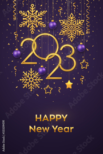 Happy New 2023 Year. Hanging Golden metallic numbers 2023 with shining snowflakes, 3D metallic stars, balls and confetti on purple background. New Year greeting card or banner template. Vector.