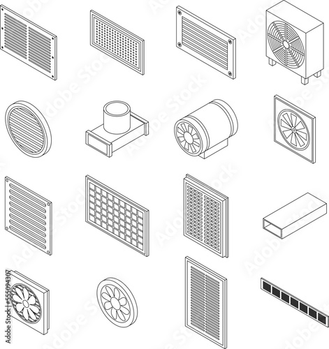 Ventilation icons set. Isometric set of ventilation vector icons outline on white thin line collection
