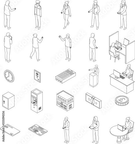 Bank teller icons set. Isometric set of bank teller vector icons outline on white thin line collection