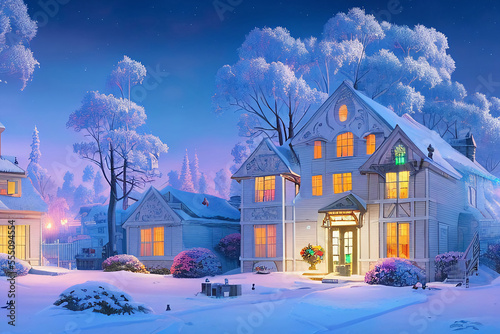 AI Generated Digital Illustration of a picturesque Christmas Village Covered With Snow and Christmas Decorations