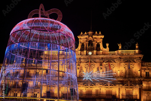 Beautiful view of the main square and town hall of Salamanca, with the Christmas decoration of the year 2022.
