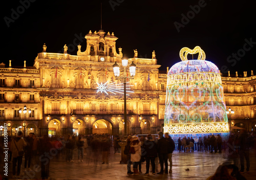 Beautiful view of the main square and town hall of Salamanca, with the  Christmas decoration of the year 2022.
