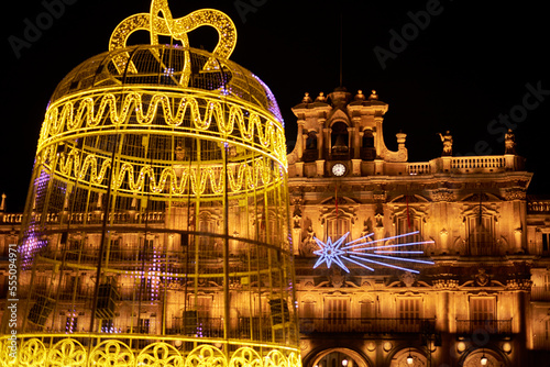 Beautiful view of the main square and town hall of Salamanca, with the  Christmas decoration of the year 2022.