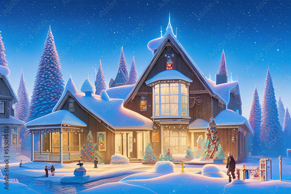 AI Generated Digital Illustration of a picturesque Christmas Village Covered With Snow and Christmas Decorations AI Generated Digital Illustration of a picturesque Christmas Village Covered With Snow and Christmas Decorations