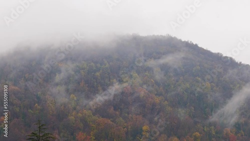 Mountain Peak with Autumn Trees and Storm Clouds in Caslano, Ticino, Switzerland. photo