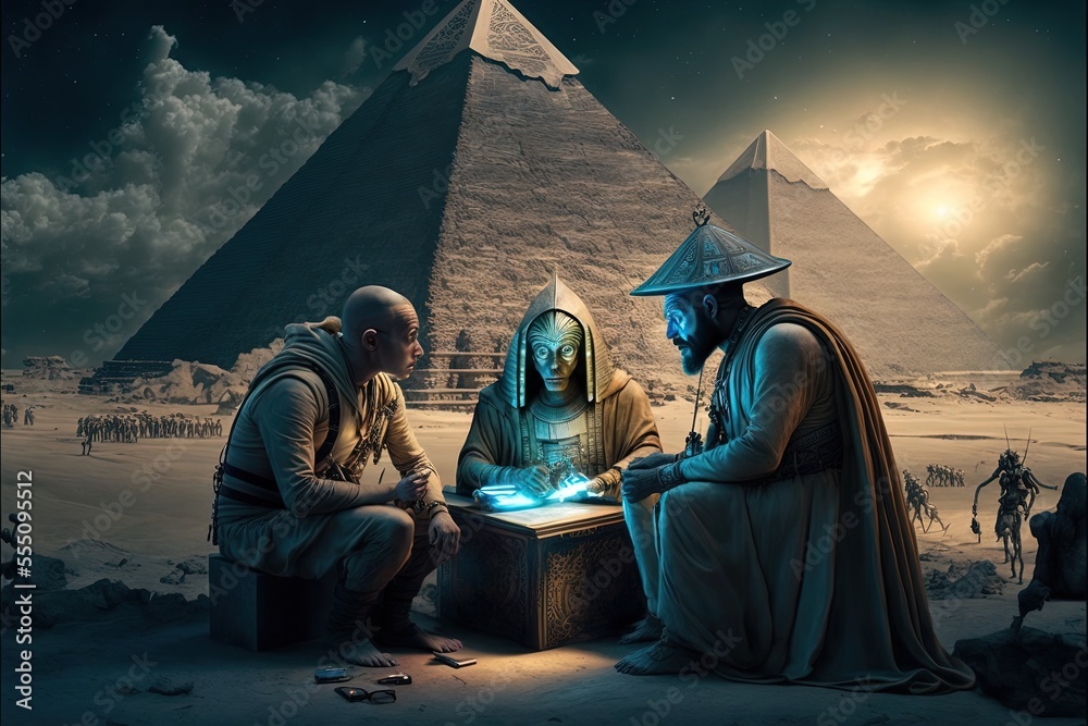 Humans working together with aliens in unity to construct the pyramids