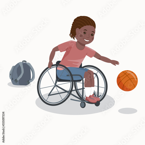 Children with special needs. African boy in wheelchair playing basketball after school.
