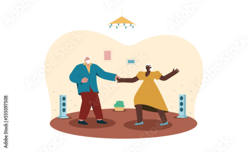 Cartoon happy senior man and woman dancing to the music at home. Aged people recreation and active hobby. Elderly couple of pensioners funny spend time together.