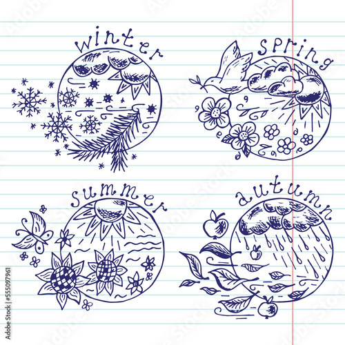 Seasons set. Four seasons icons Hand drawn doodles. Times of year. Weather. Nature background.