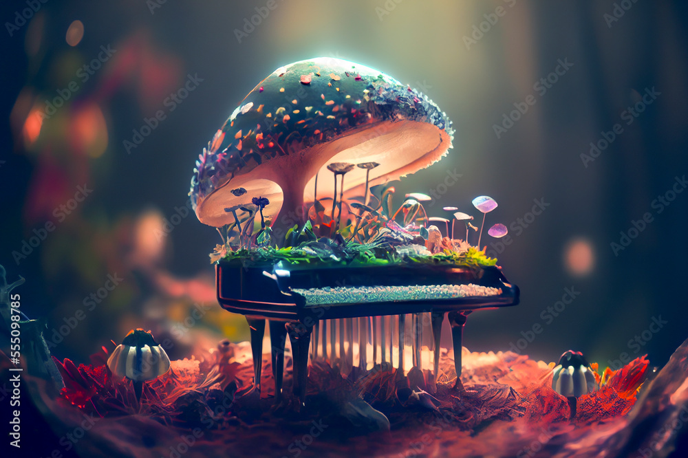 Vintage fantasy piano of unique design with giant mushroom, generative ai  illustration Stock Illustration | Adobe Stock