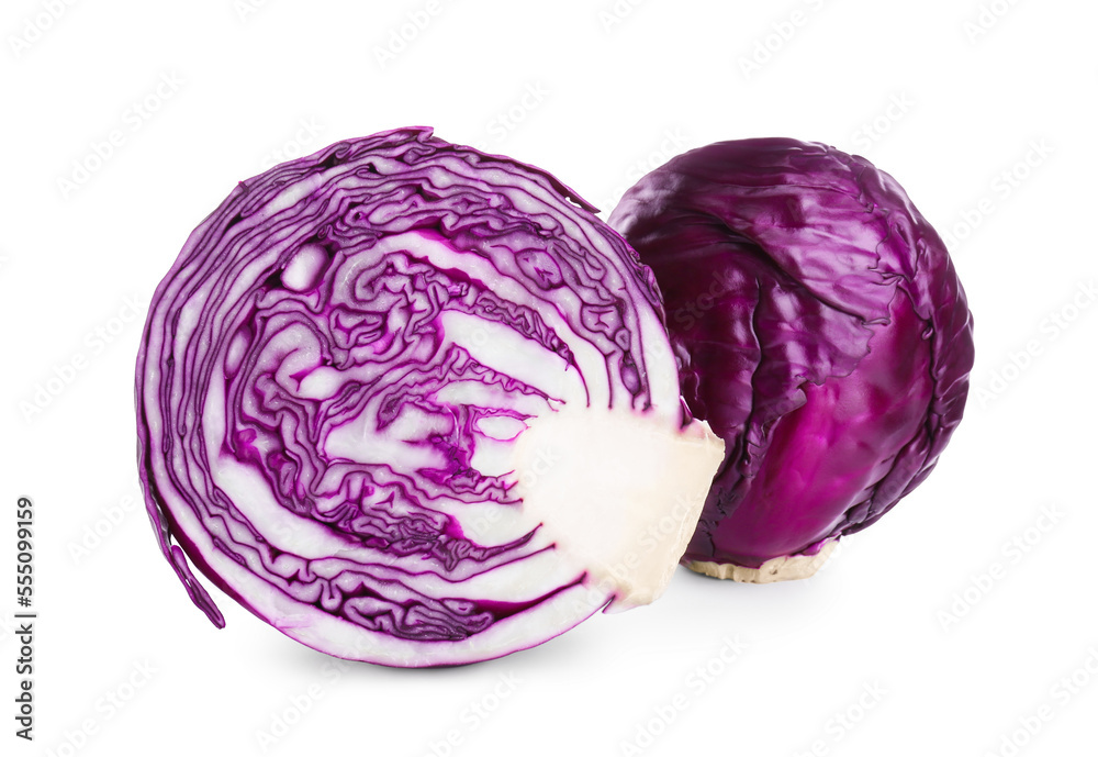 Whole and cut red cabbages on white background Whole and cut red cabbages on white background
