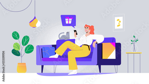 Woman with shopping cart buy presents, gifts online in store or shop through mobile application. Concept of sale, discount special coupon for web banner, ads or socila media and emails. Black friday.