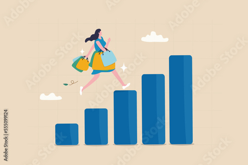 Customer lifetime value, calculation or key metric to analyze cost to acquire new customer, advertising or marketing cost concept, young customer woman with shopping bags walk on CLV graph and chart.