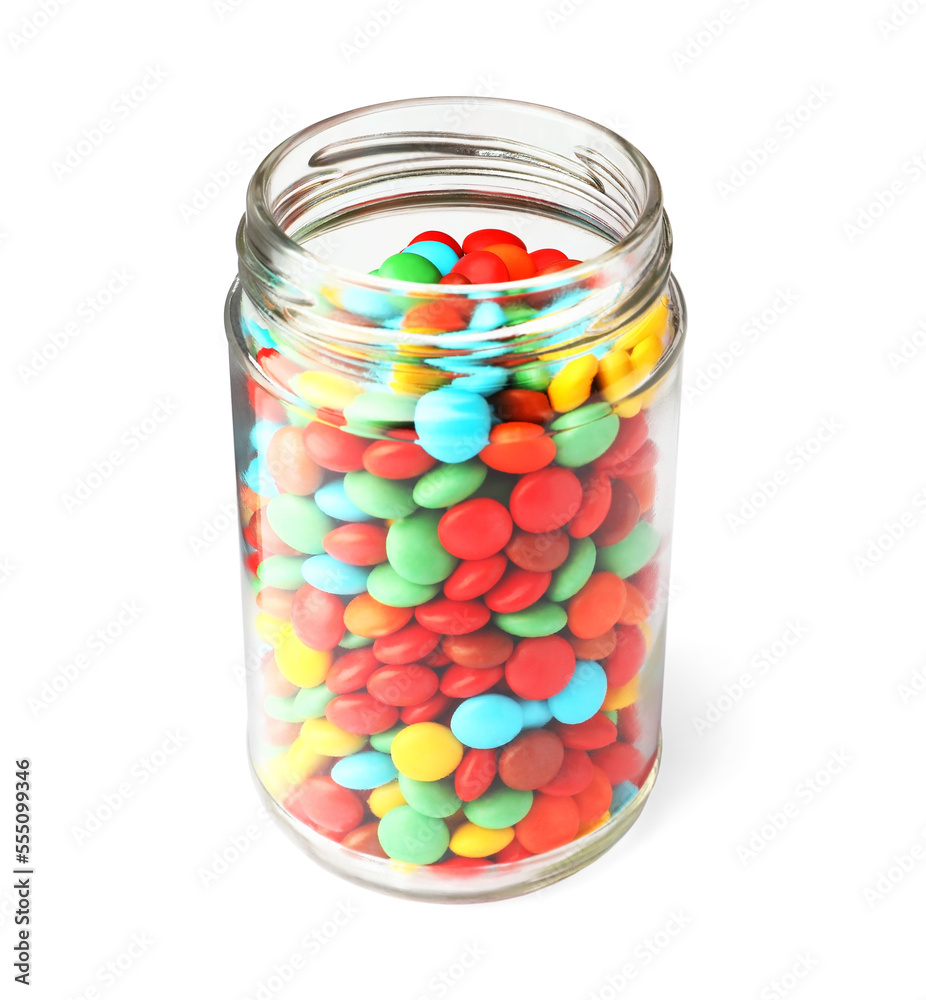 Jar with tasty colorful candies isolated on white Jar with tasty colorful candies isolated on white