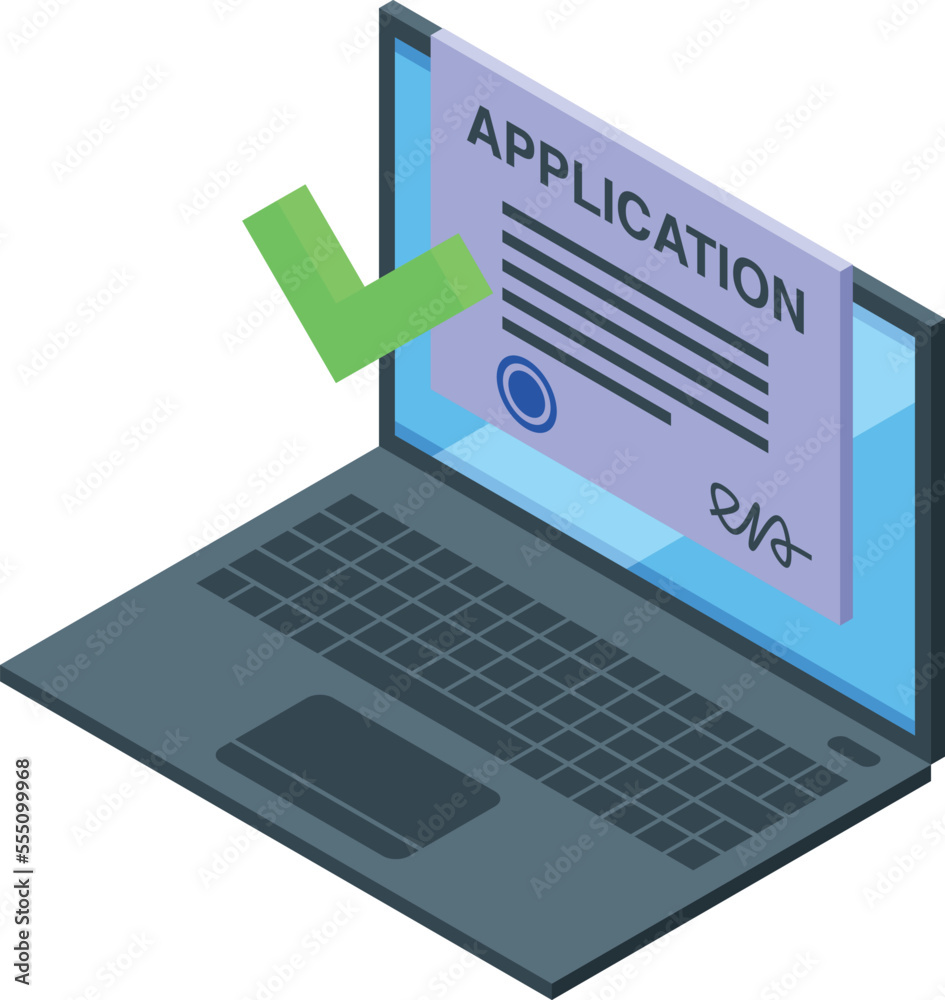 Laptop online application icon isometric vector. Approve document. Credit control Laptop online application icon isometric vector. Approve document. Credit control