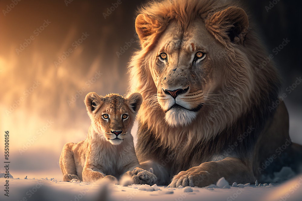 A male lion and his cub sitting in a snow filled winter mountain landscape at sunrise, golden light, realistic digital illustration suitable for a father's day card - obrazy, fototapety, plakaty 