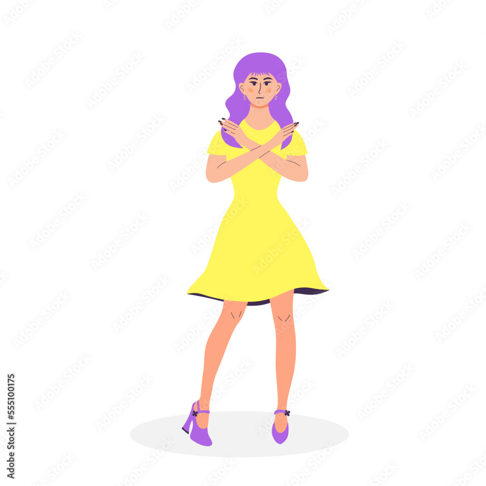 Woman showing refusal or stop gesture with crossed hands. Body language and nonverbal communication. Expressing Negative emotions, communication, disagree feelings. Break the bias. Woman showing refusal or stop gesture with crossed hands. Body language and nonverbal communication. Expressing Negative emotions, communication, disagree feelings. Break the bias.