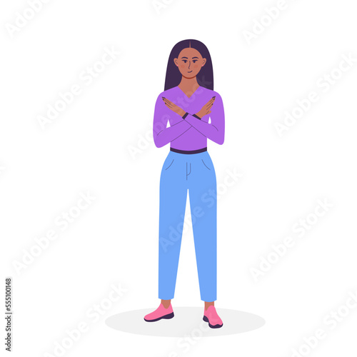 Woman showing refusal or stop gesture with crossed hands. Body language and nonverbal communication. Expressing Negative emotions, communication, disagree feelings. Break the bias.