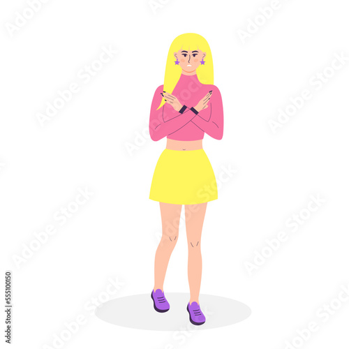 Woman showing refusal or stop gesture with crossed hands. Body language and nonverbal communication. Expressing Negative emotions, communication, disagree feelings. Break the bias.