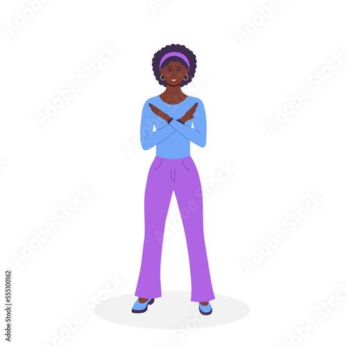 African woman showing refusal or stop gesture with crossed hands. Body language and nonverbal communication. Expressing Negative emotions, communication, disagree feelings. Break the bias.
