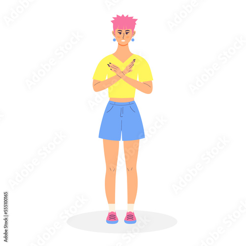 Neformal woman showing refusal or stop gesture with crossed hands. Body language and nonverbal communication. Expressing Negative emotions, communication, disagree feelings. Break the bias.