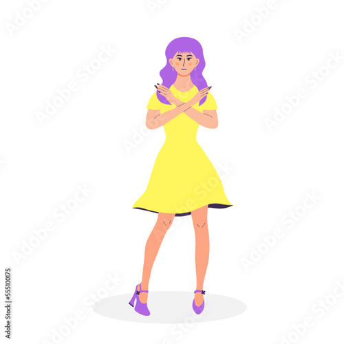 Woman showing refusal or stop gesture with crossed hands. Body language and nonverbal communication. Expressing Negative emotions, communication, disagree feelings. Break the bias.