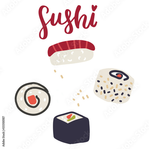 Sushi set with salmon, nori and sushi phrase. Cute hand drawn cartoon illustration for asian food menu, stickers, wall art, restaurant logo