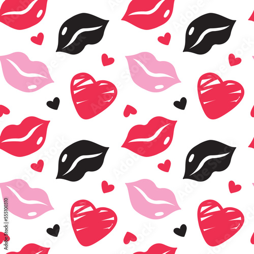 Kisses and hearts. Valentine's Day. Seamless pattern. Vector.