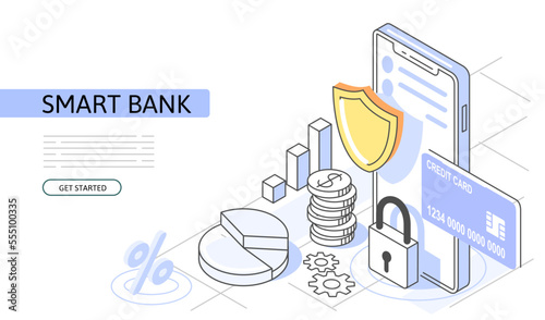 Mobile data security Isometric Concept. Use for web page, banner, infographics. Flat illustration editable line. Network Smartphone