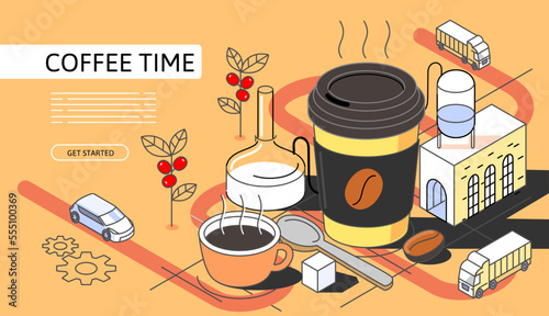 Coffe town Isometric Concept. Use for web page, banner, infographics. Flat illustration editable line. Paper coffee cup